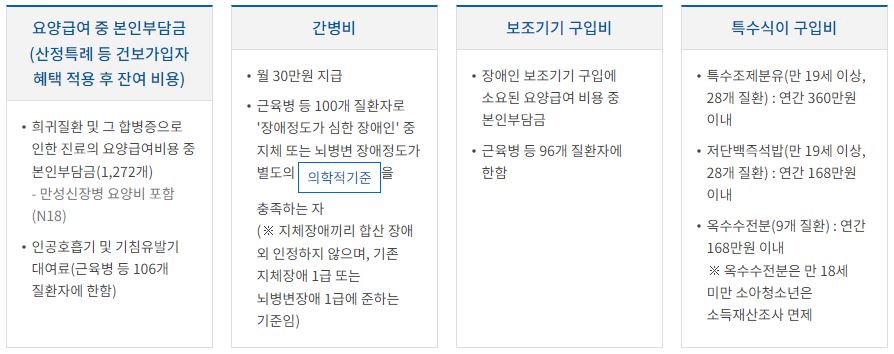 요양급여 중 본인부담금(산정특례 등 건보가입자 혜택 적용 후 잔여 비용), 간병비, 보조기기 구입비, 특수식이 구입비